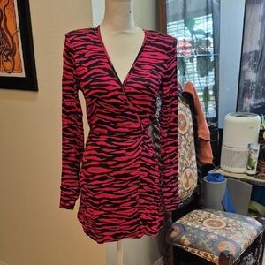 Andamane Pink & Black Animal Print Mini Wrap Dress Shoulder Pads Brandy
